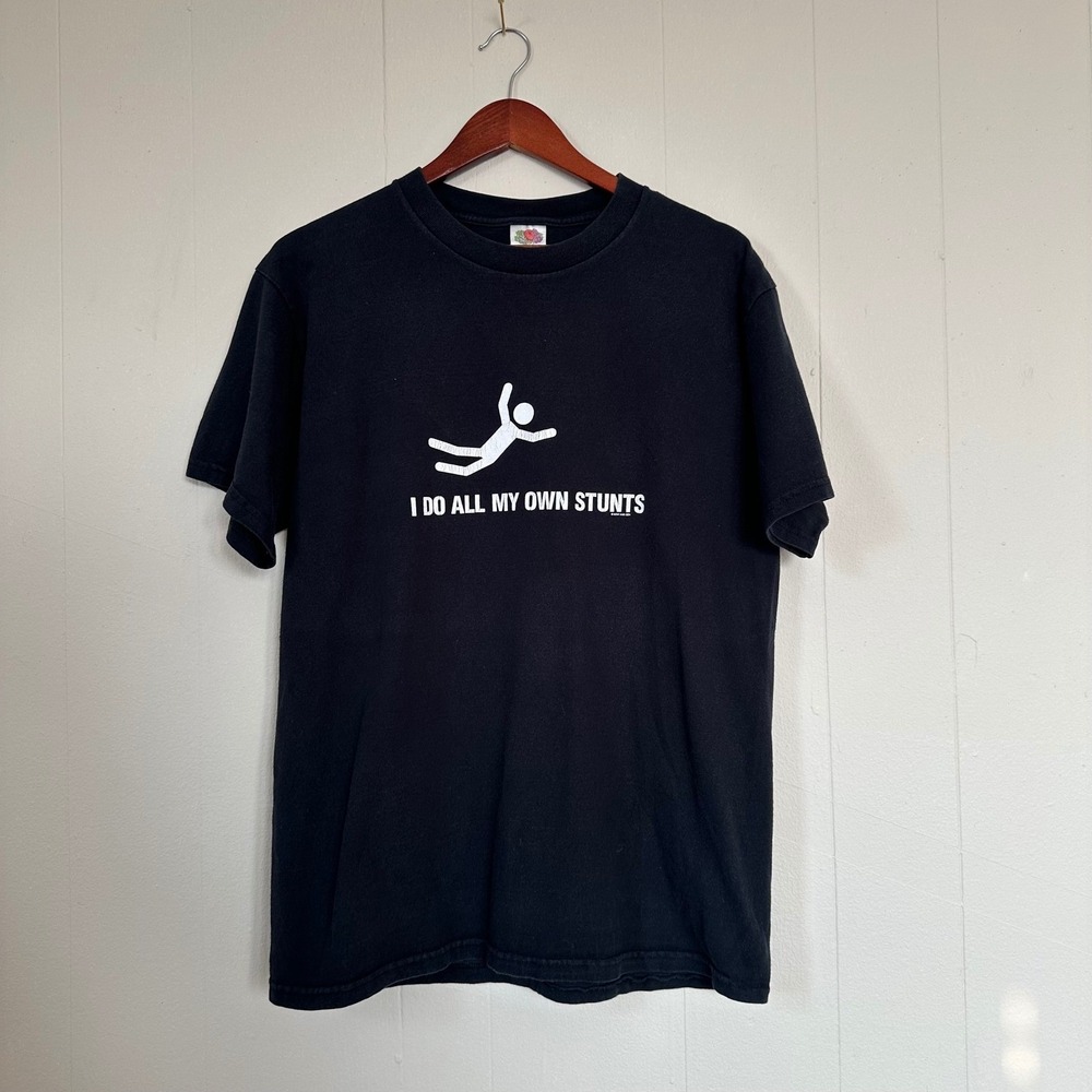 Vintage 2000s I Do All My Own Stunts Graphic T-Shirt Size L Black Funny Humor